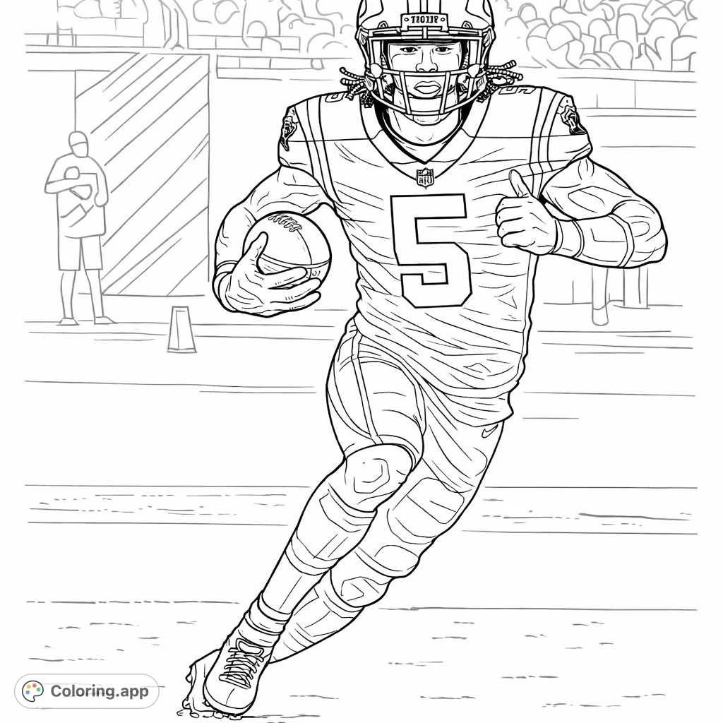 Capture the intensity of a football player running across the field with the ball. This dynamic scene offers detailed elements for an engaging coloring experience.