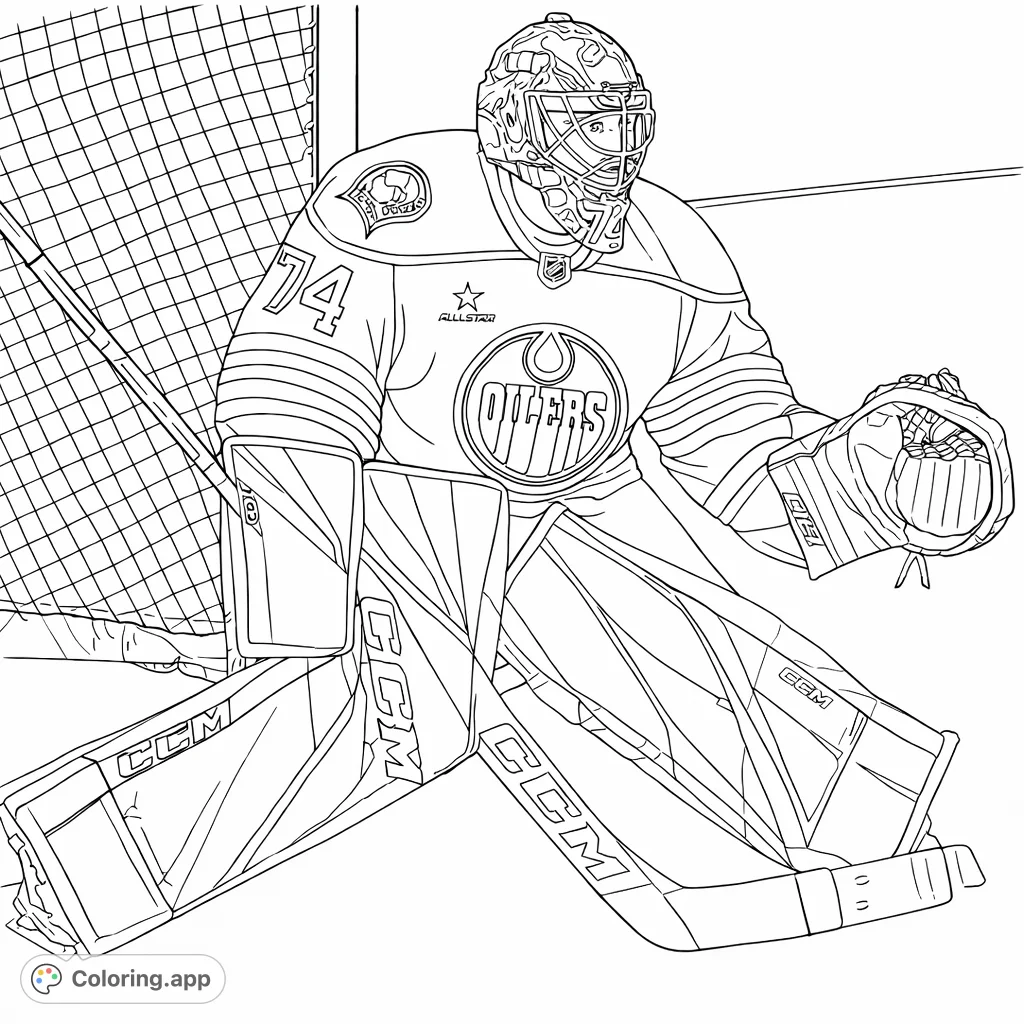 Capture the intensity of a hockey game with this detailed coloring page featuring a goalie in action, ready to defend the net. Detailed gear awaits your creative touch.