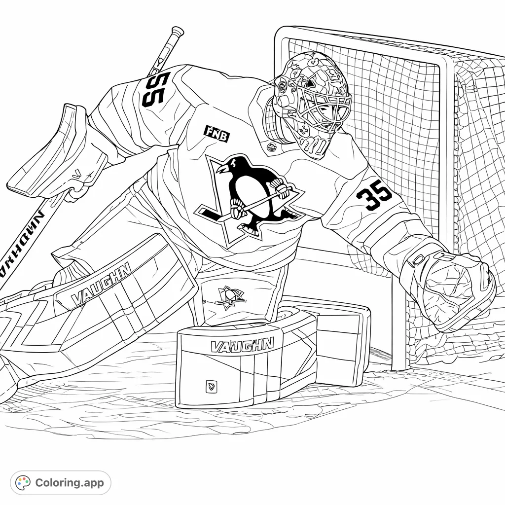 Capture the intensity of a hockey game with this goalie coloring page. A player in full gear makes a dramatic save, perfect for sports enthusiasts and aspiring artists.
