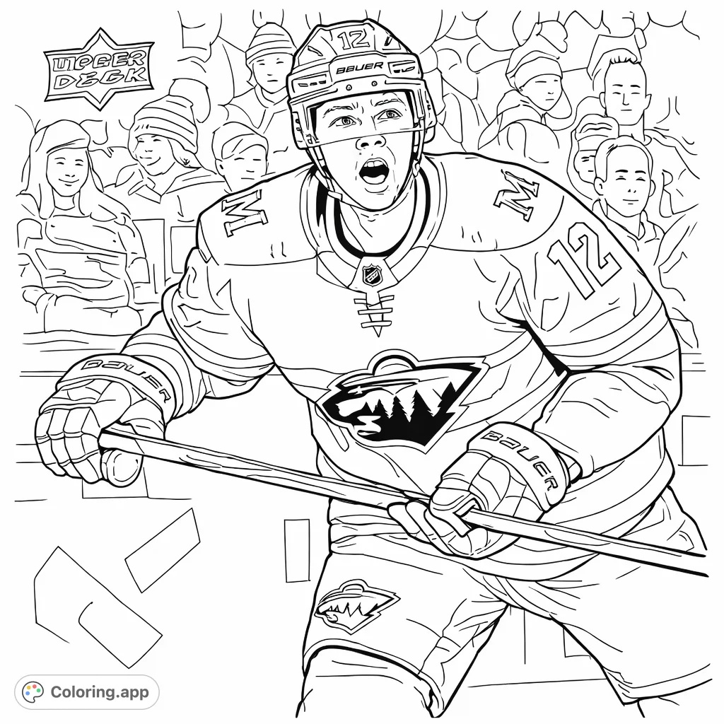 Dynamic hockey player in full gear, poised with a stick on the ice, ready for action. Features detailed uniform elements and a stadium crowd backdrop.