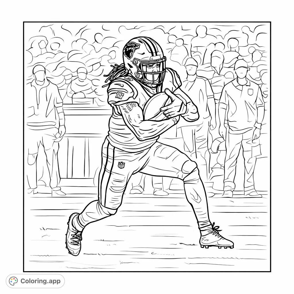 An energetic football player races across the field, holding the ball securely in a dynamic, action-packed scene. Perfect for sports fans to color.