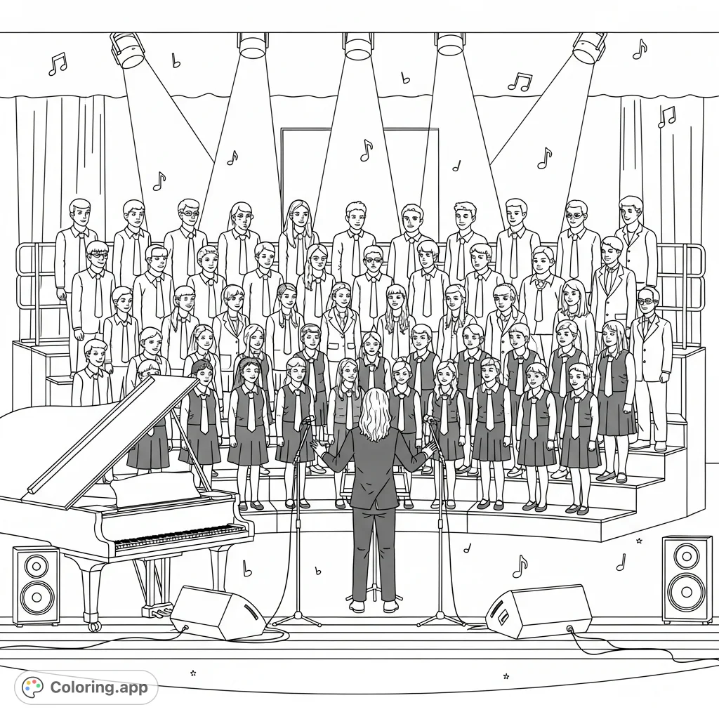 Capture the harmony and intensity of a youth choir performance on stage, featuring tiered risers, a grand piano, and focused singers.