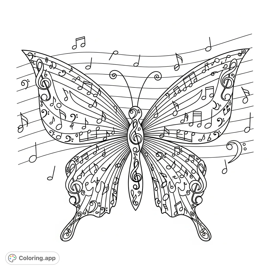 A unique butterfly design meticulously crafted from musical staves, notes, and clefs, offering a harmonious blend of nature and melody.