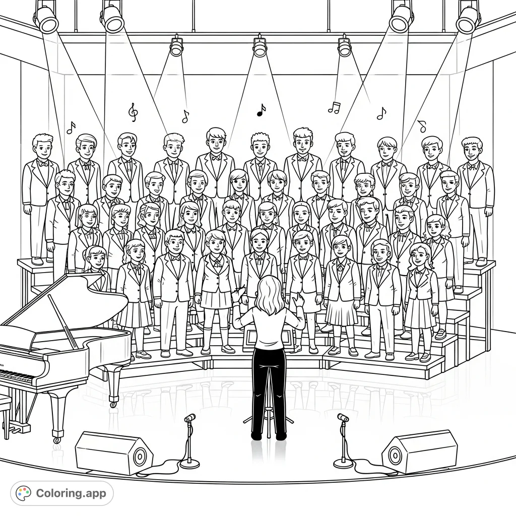 A dynamic youth choir performance on tiered risers, featuring a grand piano, stage lights, and conductor. Perfect for music enthusiasts to color.