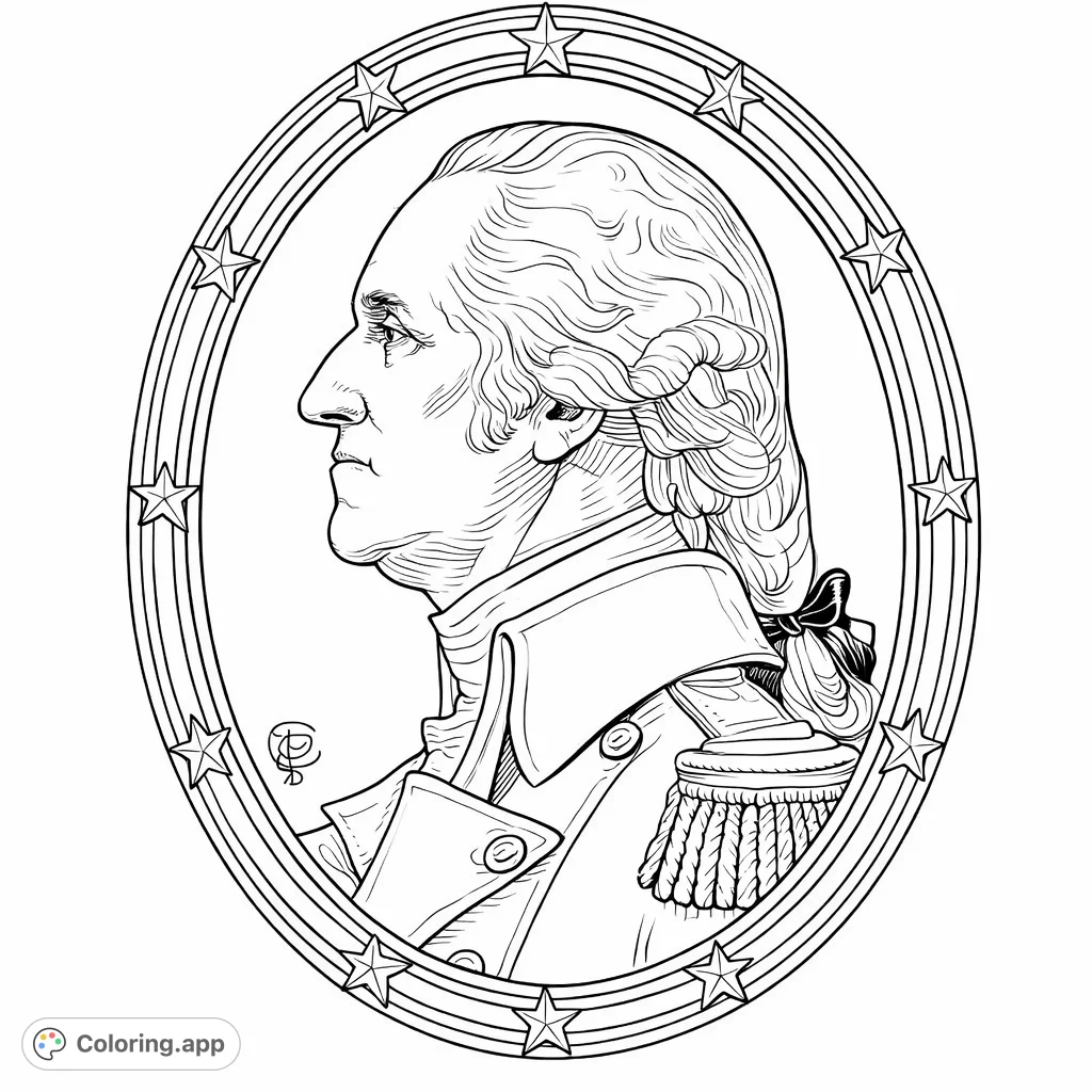 Color a distinguished portrait of George Washington, featuring his iconic profile, powdered wig, and military uniform within a star-studded oval frame.