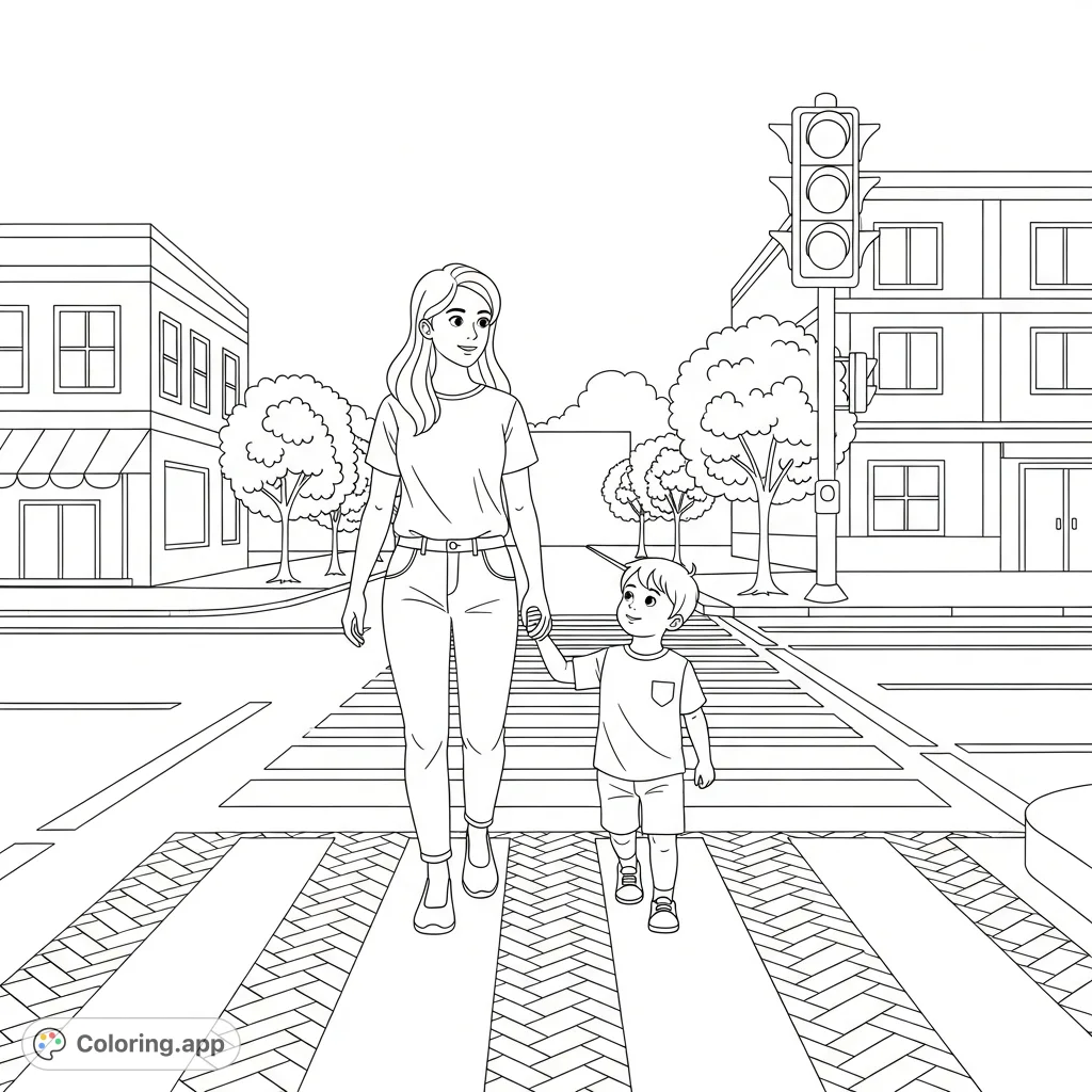 A heartwarming street safety coloring page featuring a mom and her son holding hands, crossing a patterned crosswalk. Ideal for teaching road rules.