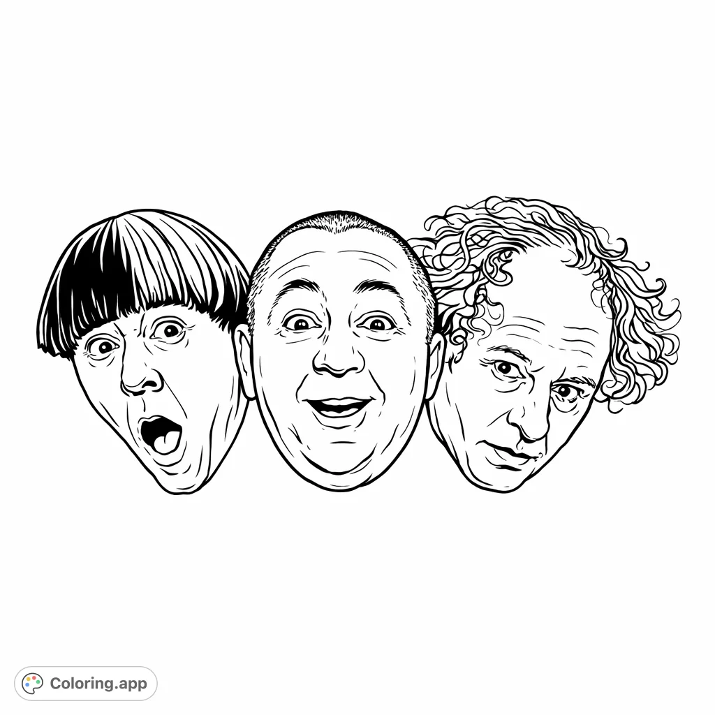 A fun coloring page featuring the iconic faces of a classic comedy trio with their exaggerated and expressive visages, ready for your creative touch.