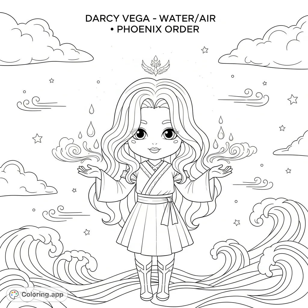 An adorable chibi Darcy Vega, wielder of water, air, and phoenix magic, surrounded by floating droplets, gentle wind, and subtle sparkles. A whimsical scene for all ages.
