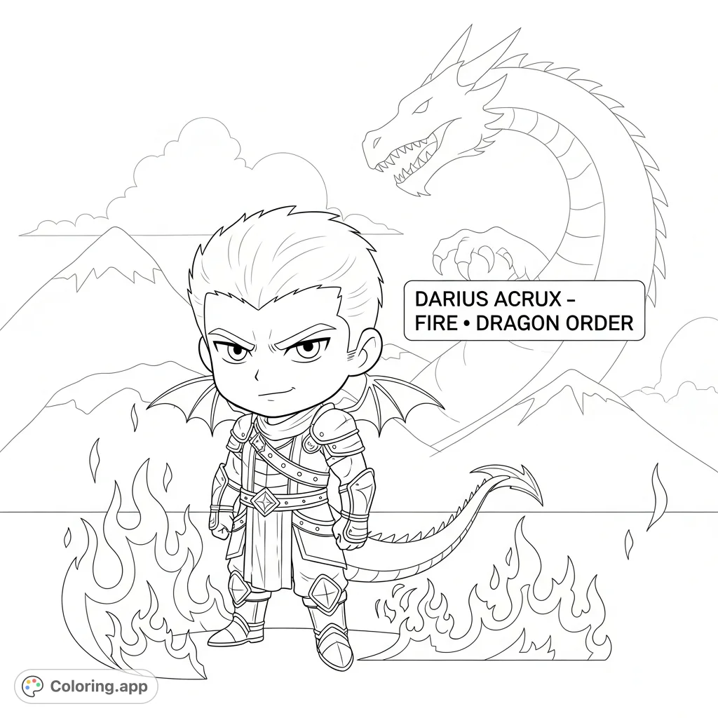 Unleash your creativity with this free printable Darius Acrux coloring page! A chibi character with dragon wings, fire, and mountain elements awaits your artistic touch.