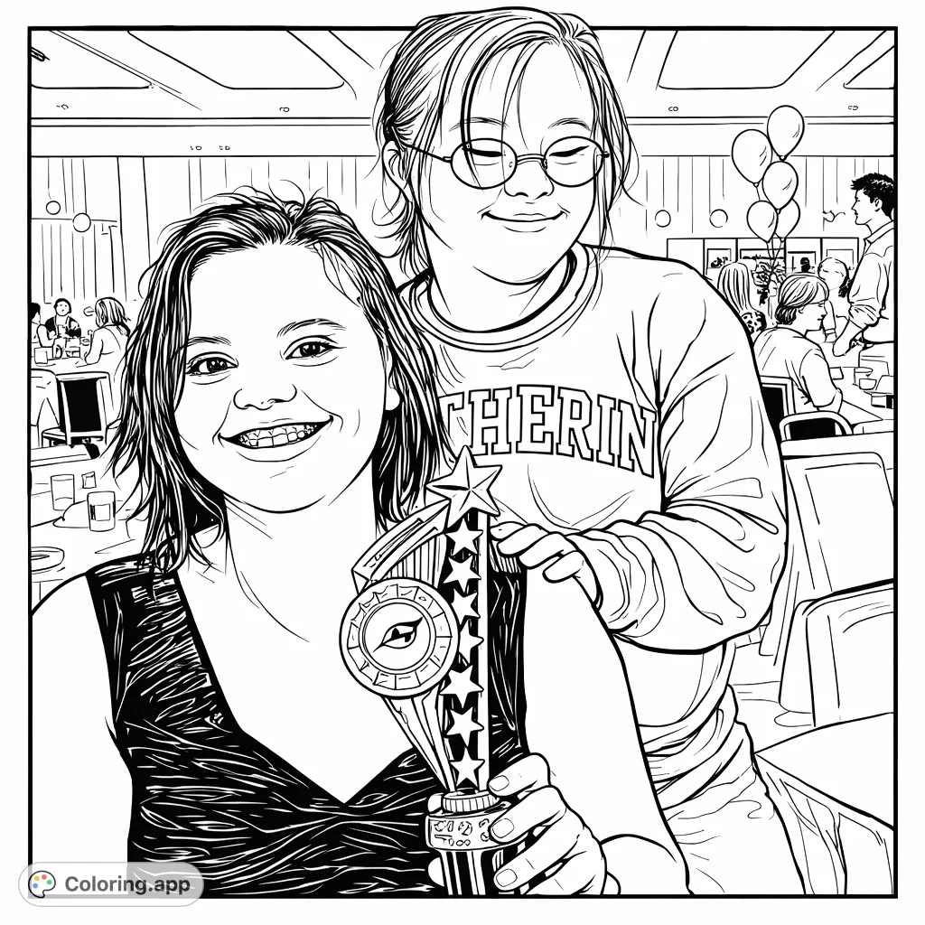 Celebrate achievement with this joyful coloring page featuring two young women, one holding a trophy, at a festive event.