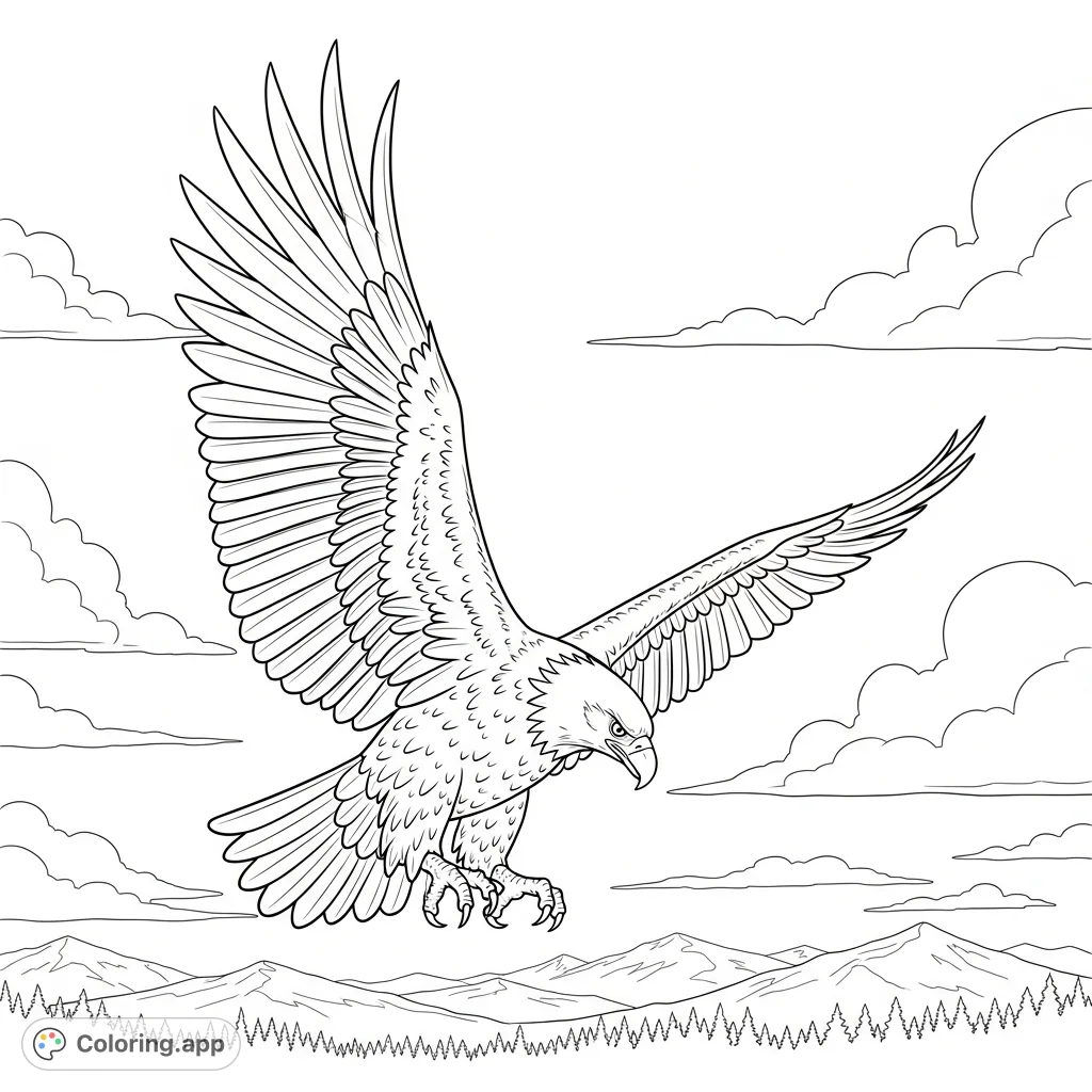 Experience the grandeur of nature with this majestic eagle soaring through an open sky. A detailed, free printable eagle coloring page perfect for all ages to enjoy.
