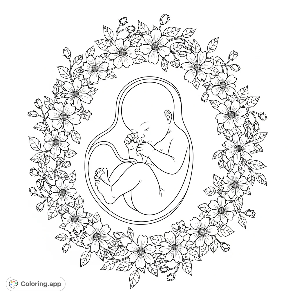 A serene pre-born human baby rests in the womb, surrounded by an intricate floral border, symbolizing new life and maternal love. A beautiful new life coloring page.