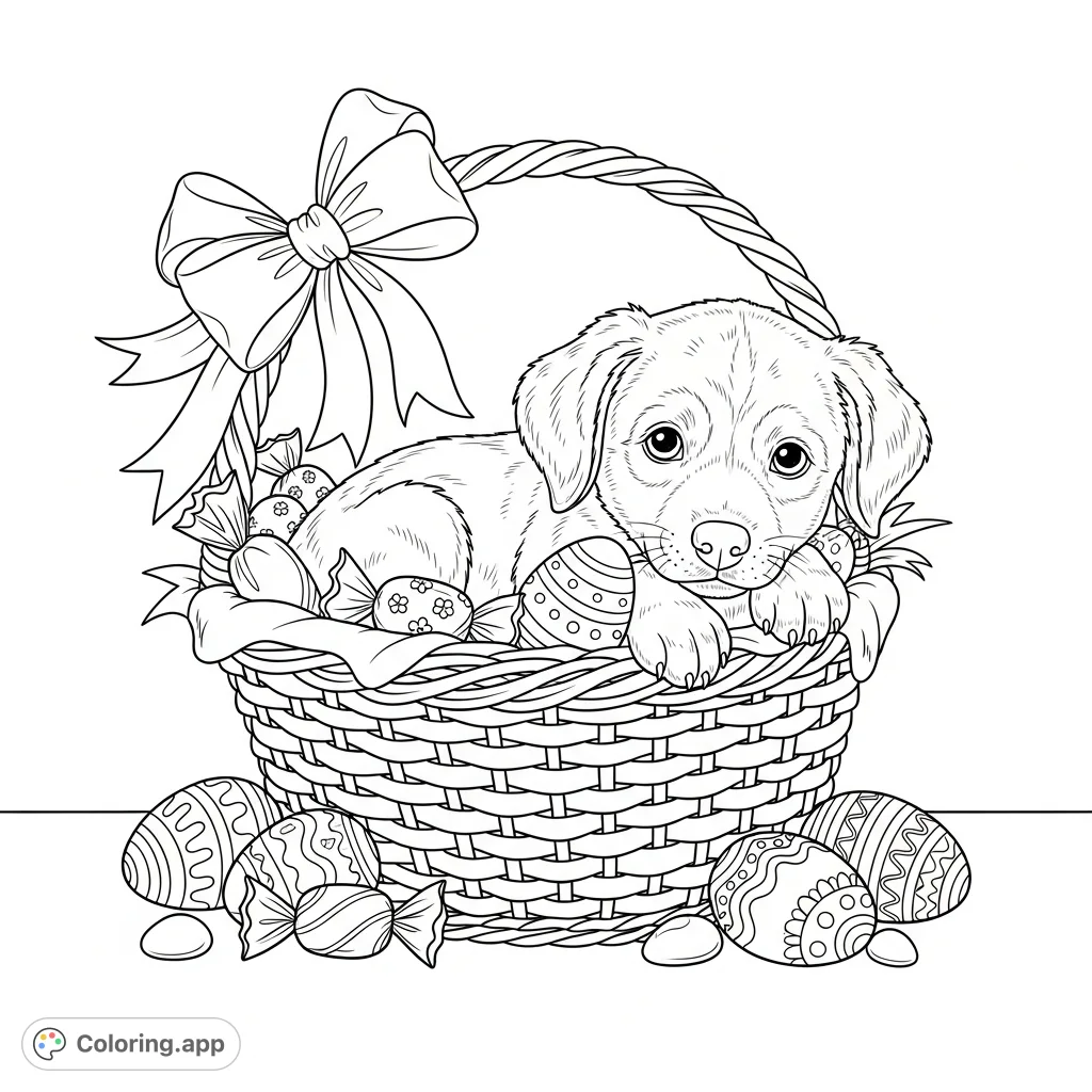A charming, realistic puppy nestled in an Easter basket with a grand bow, surrounded by festive candy and decorated eggs, perfect for spring coloring.