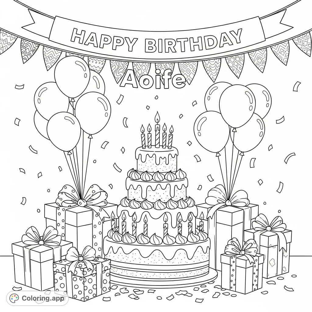 Celebrate Aoife's special day with this joyful birthday coloring page! Features a festive cake, gifts, balloons, and a personalized 'Happy Birthday Aoife' banner.
