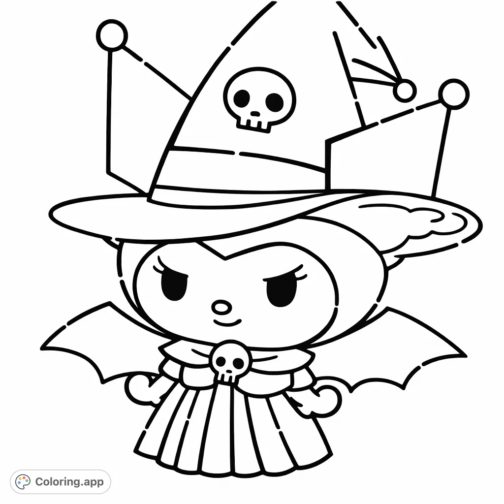 Color this adorable character dressed as a witch for a fun, spooky experience! Features a witch hat, bat wings, and skull emblems.