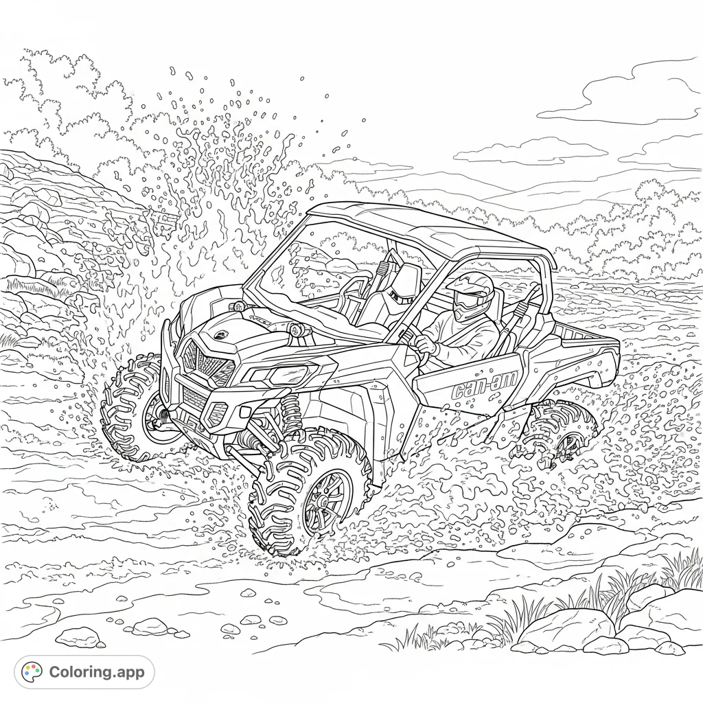 Experience the thrill of off-roading with this dynamic Can-Am X3 mudpit coloring page! Capture the excitement of a powerful UTV splashing through deep terrain.