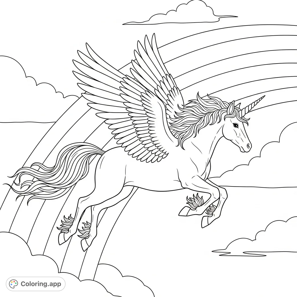 A majestic unicorn soars gracefully through a vibrant arched rainbow, its flowing mane trailing amidst soft clouds. A whimsical fantasy scene.