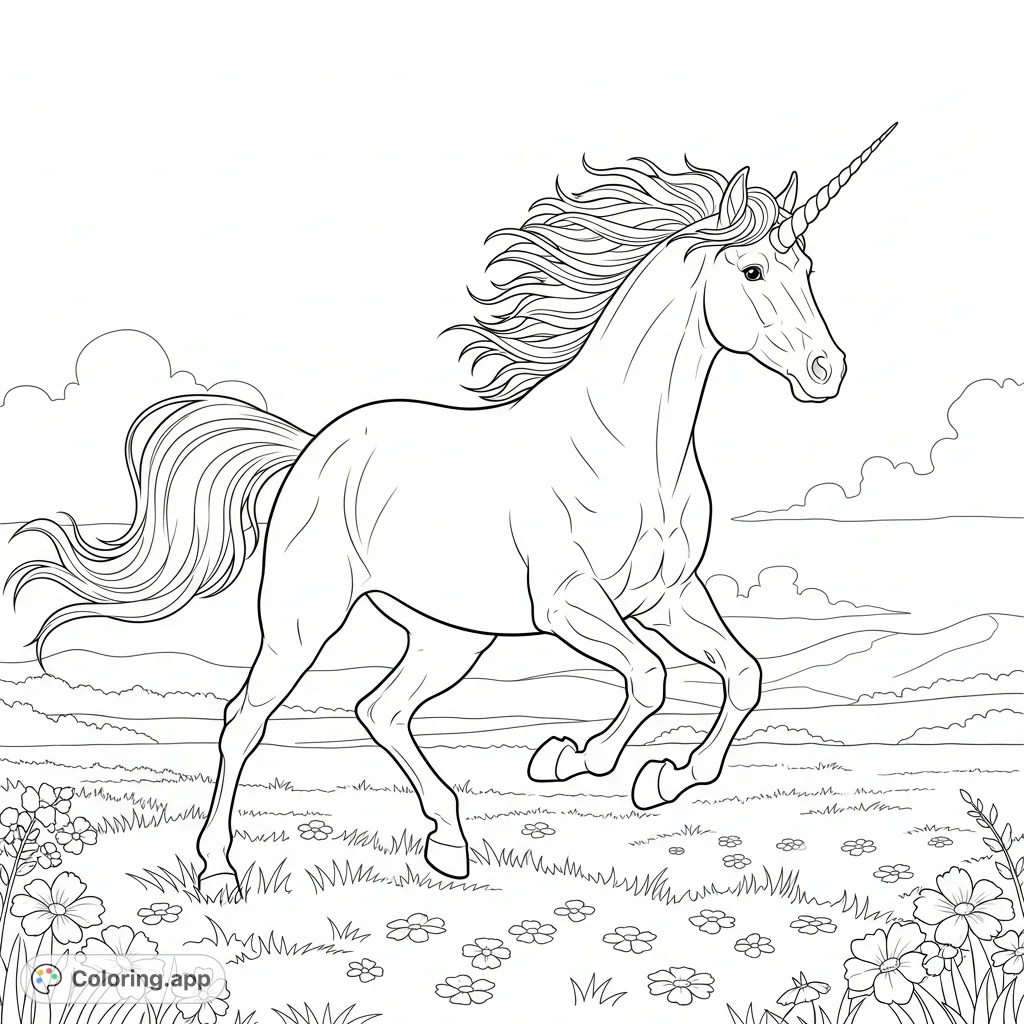 A majestic unicorn coloring page gallops through a serene meadow, mane and tail flowing, capturing grace and freedom. A magical scene for fantasy lovers.