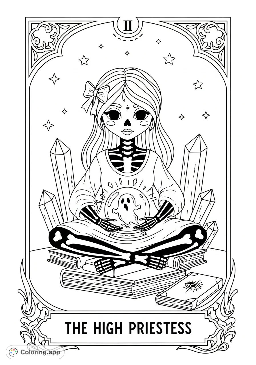 A captivating tarot card coloring page featuring a cute skeleton woman with long flowing hair, a crystal ball, a ghost, and a gothic frame.