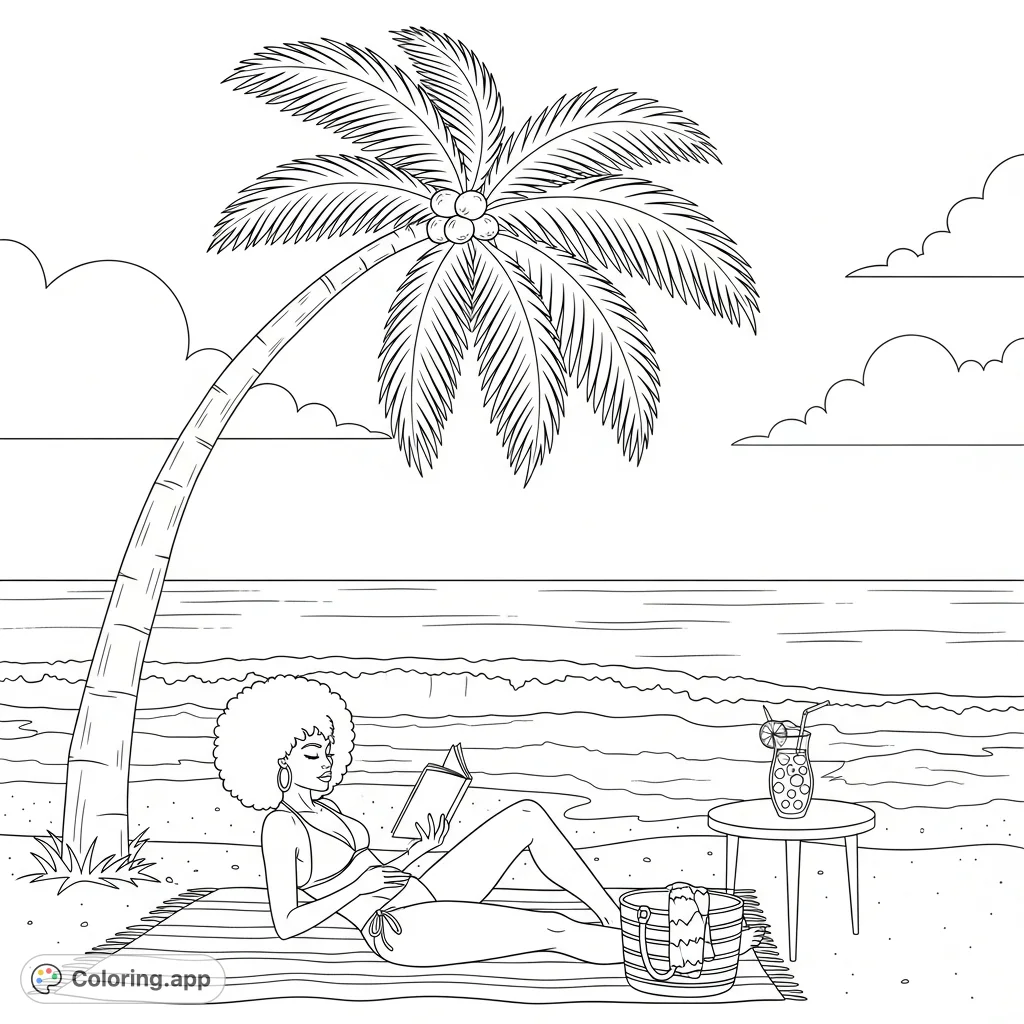 Discover a tranquil beach relaxation coloring page featuring a woman with afro hair, a book, and a refreshing drink by the ocean. Perfect for mindful escape.