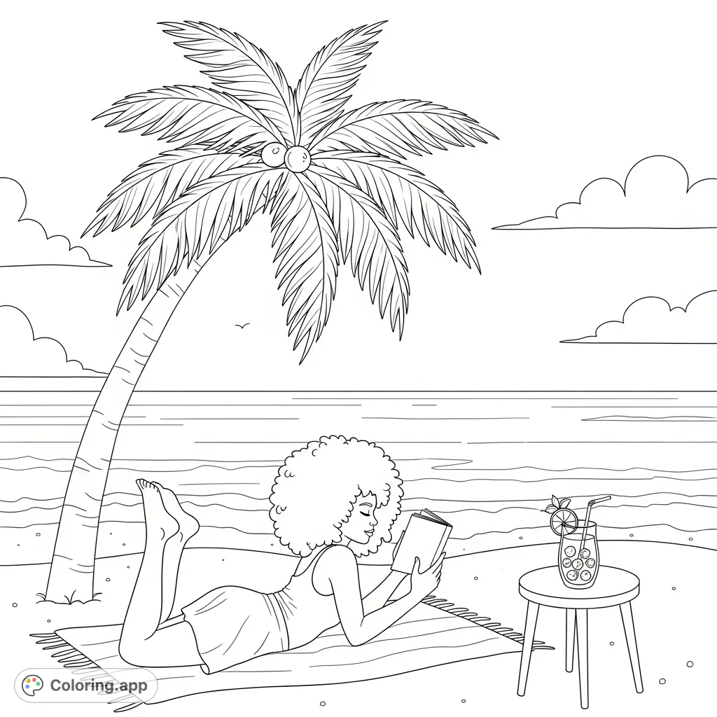 Relax with this free printable beach scene coloring page featuring a girl reading under a palm tree with a tropical drink. Perfect for mindful relaxation.
