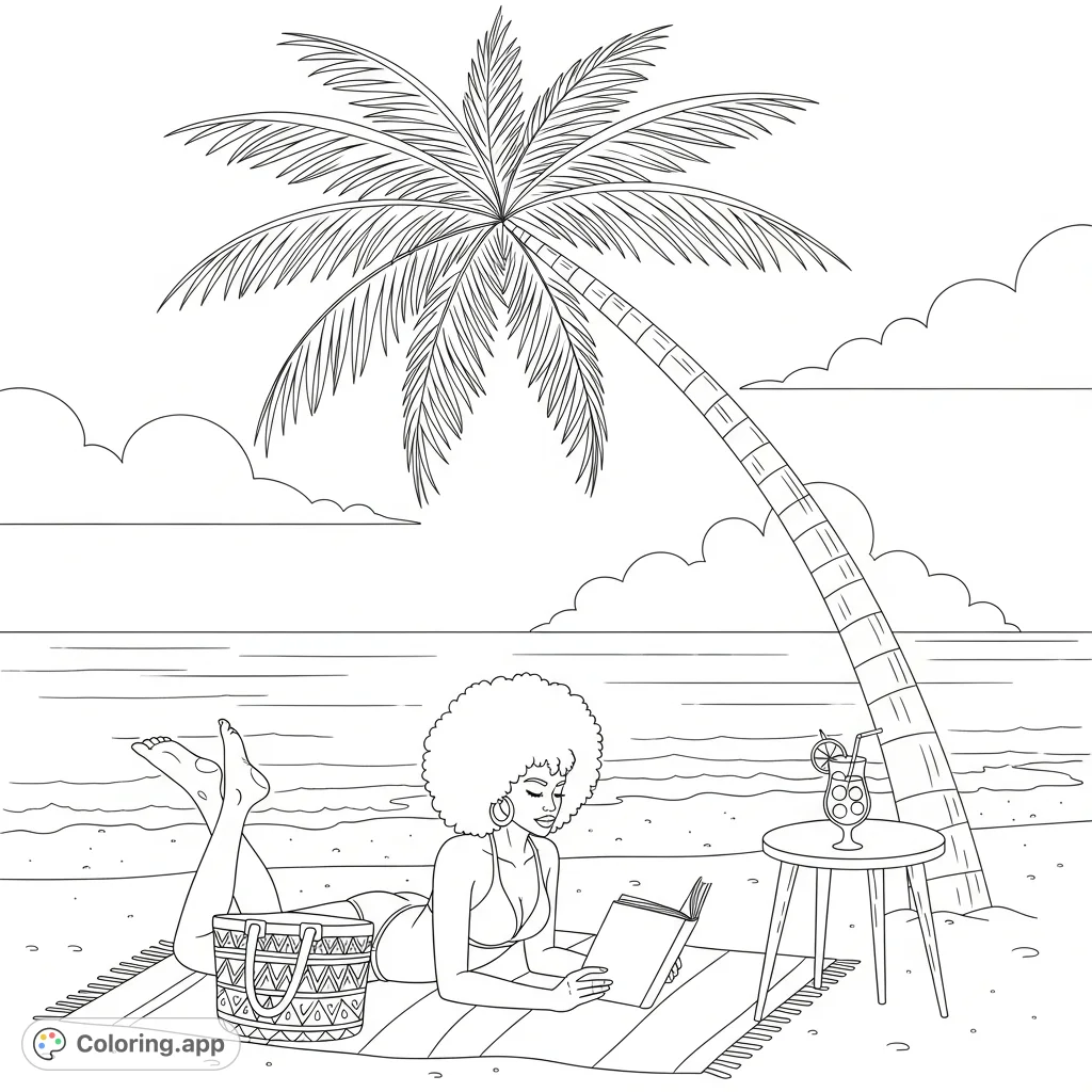 A serene beach resort scene featuring a woman with voluminous afro hair relaxing on a towel with a book, under a palm tree beside the ocean.