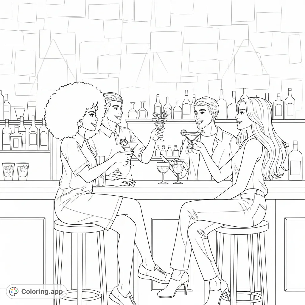 A vibrant bar scene featuring a stylish woman with an afro enjoying cocktails and conversation with her friends. Perfect for a relaxing and creative coloring experience.