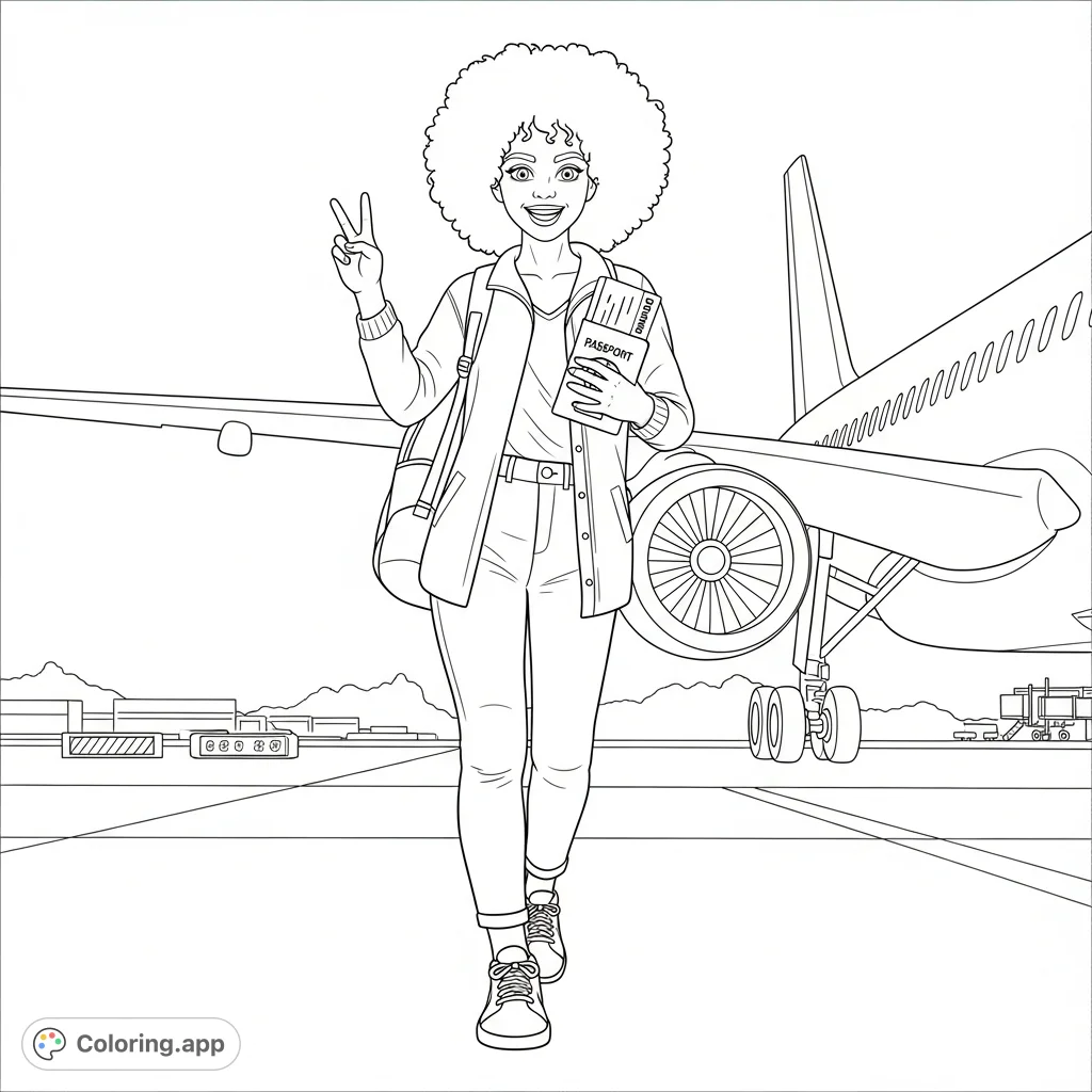 A smiling girl with afro hair makes a peace sign, holding her passport and boarding pass as she walks towards a passenger plane. A fun travel coloring page!
