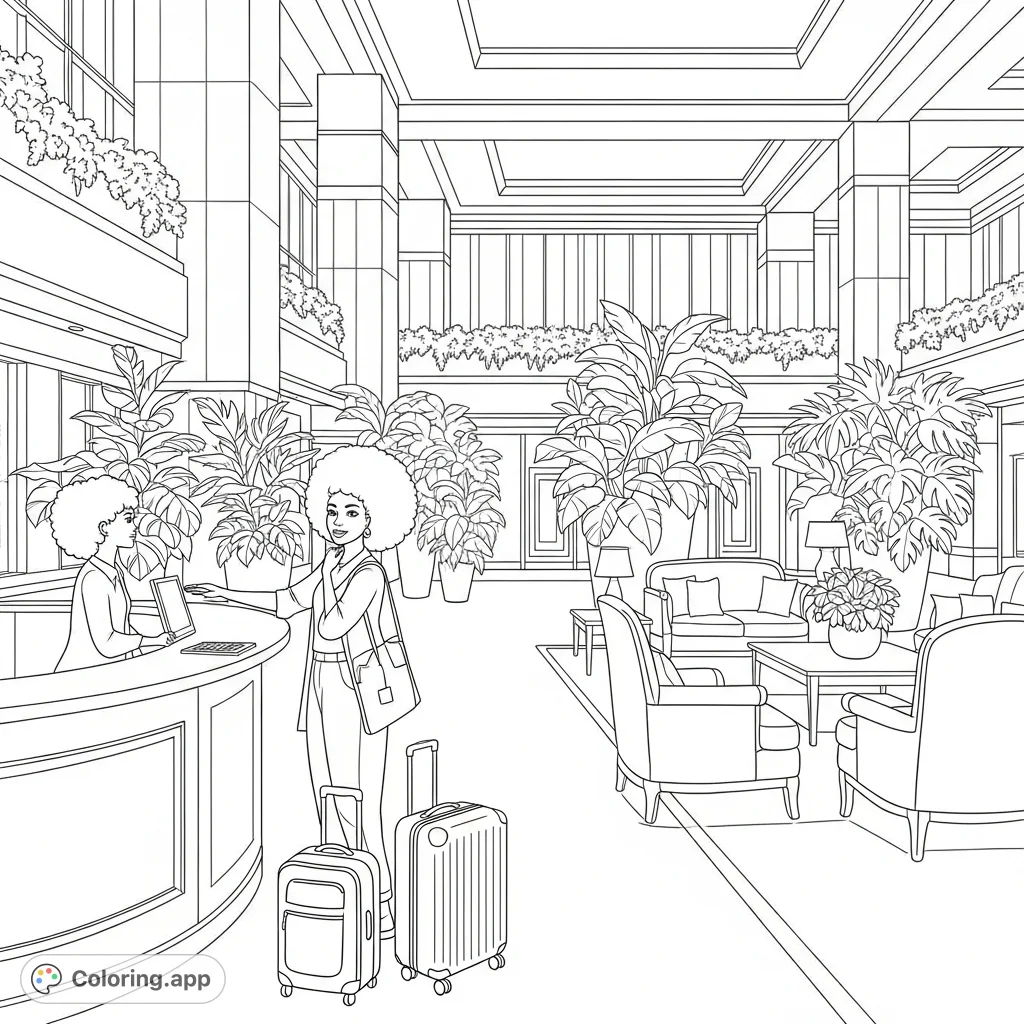 A stylish girl with an afro hairstyle checks into a grand luxury hotel, surrounded by lush plants and an elegant seating area, with her luggage beside her.
