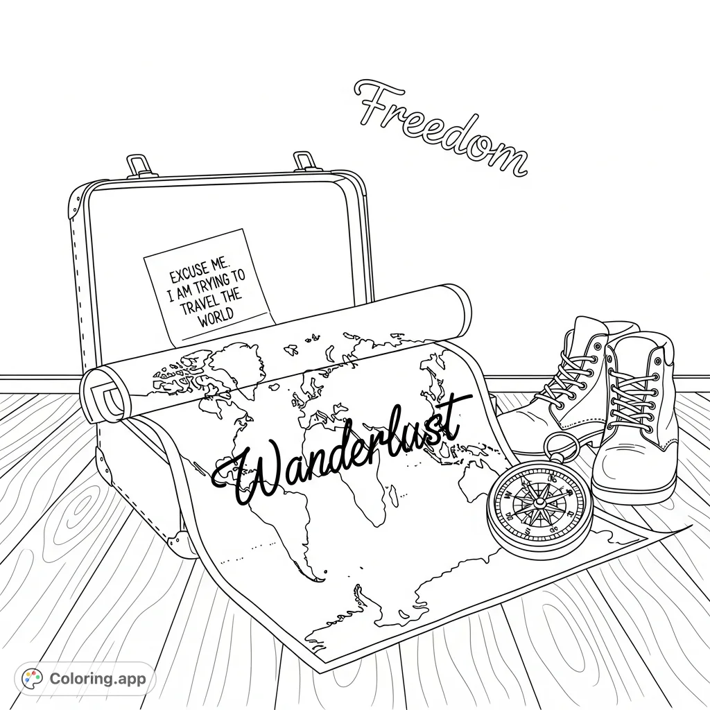 Unfurl adventure with this vintage travel essentials coloring page. Features an open suitcase, world map, compass, and inspiring words for wanderers.