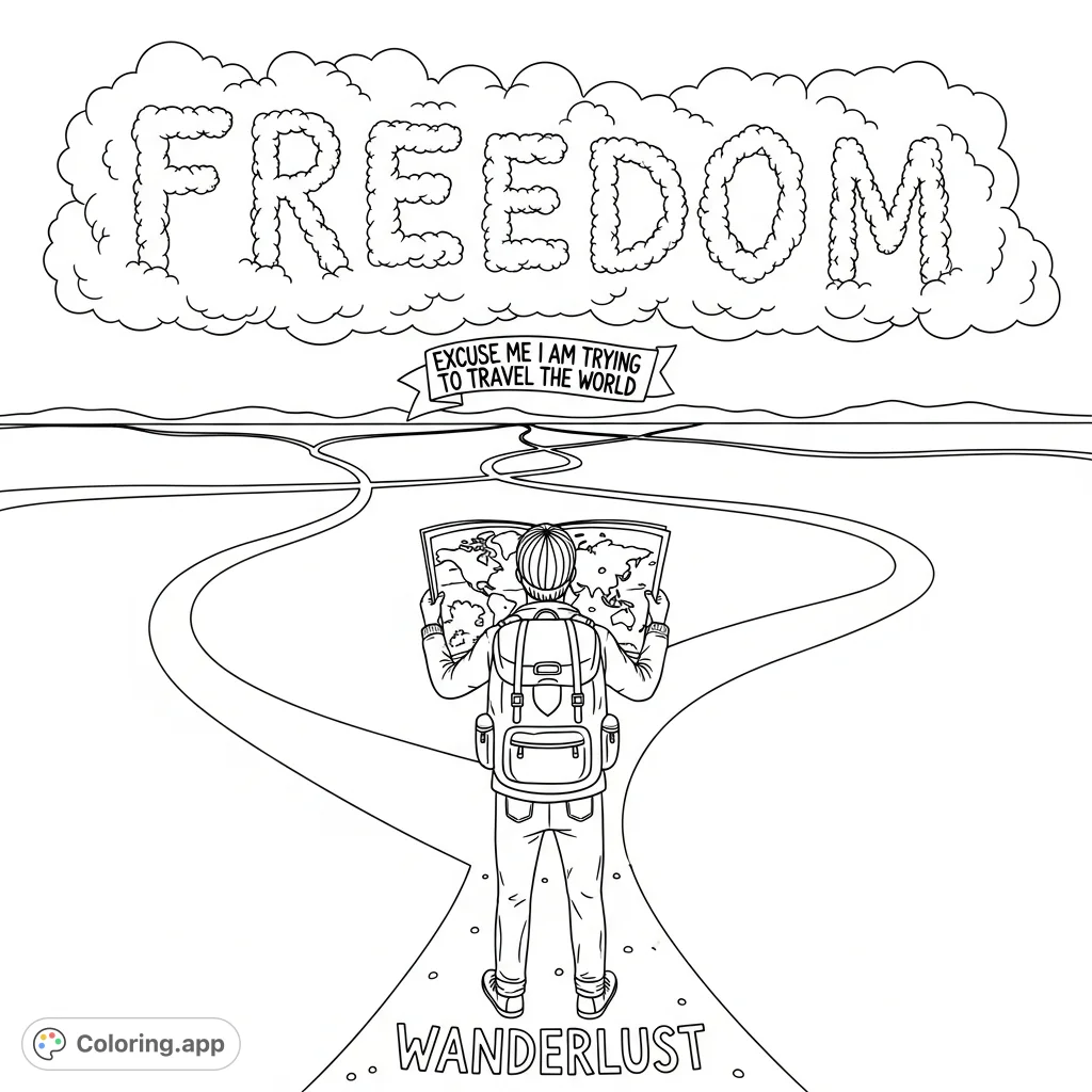 A lone explorer with an atlas and backpack stands before winding paths, "Wanderlust" at their feet, as "Freedom" clouds and a travel banner invite adventure.