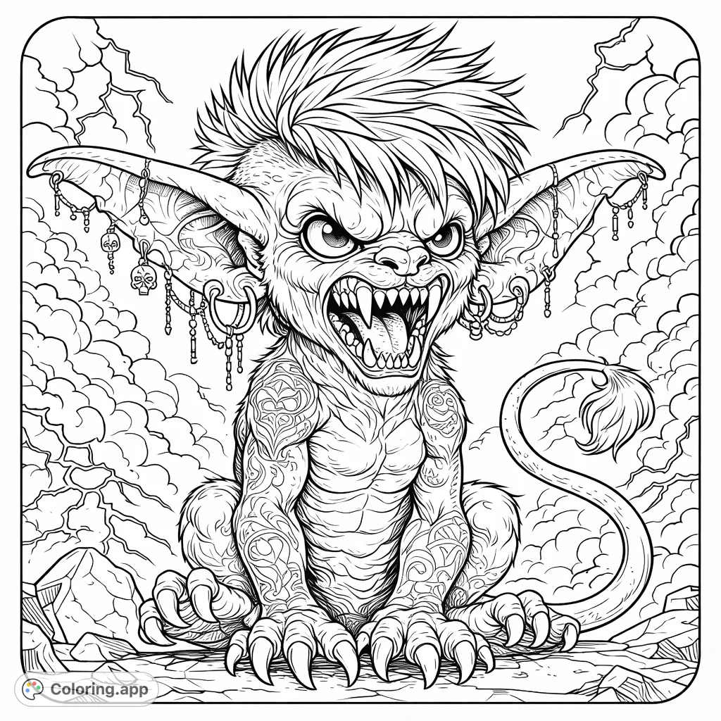 Unleash your creativity with this fierce fantasy creature coloring page, featuring intricate tattoos, detailed piercings, and a dynamic lightning background.