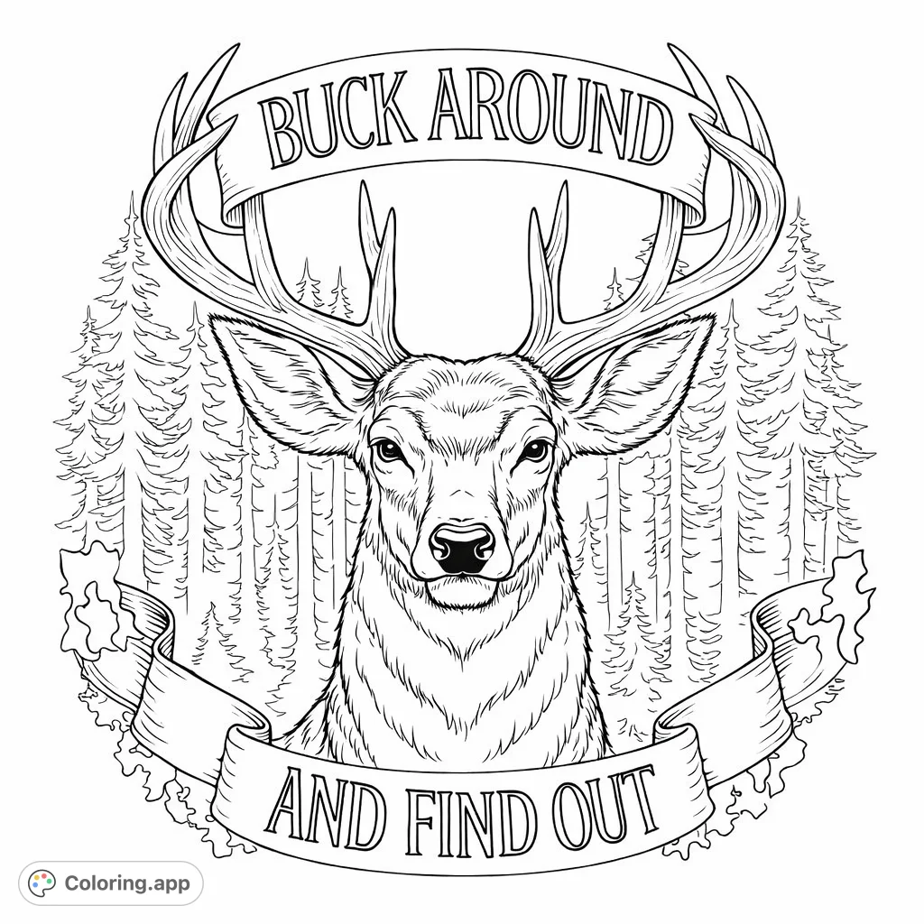 Color a majestic buck with impressive antlers set against a dense forest backdrop, featuring decorative banners. Perfect for nature enthusiasts.
