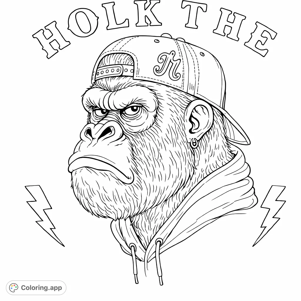 Unleash your creativity with this detailed urban gorilla coloring page! Features a cool gorilla in a backward cap and hoodie with lightning accents.