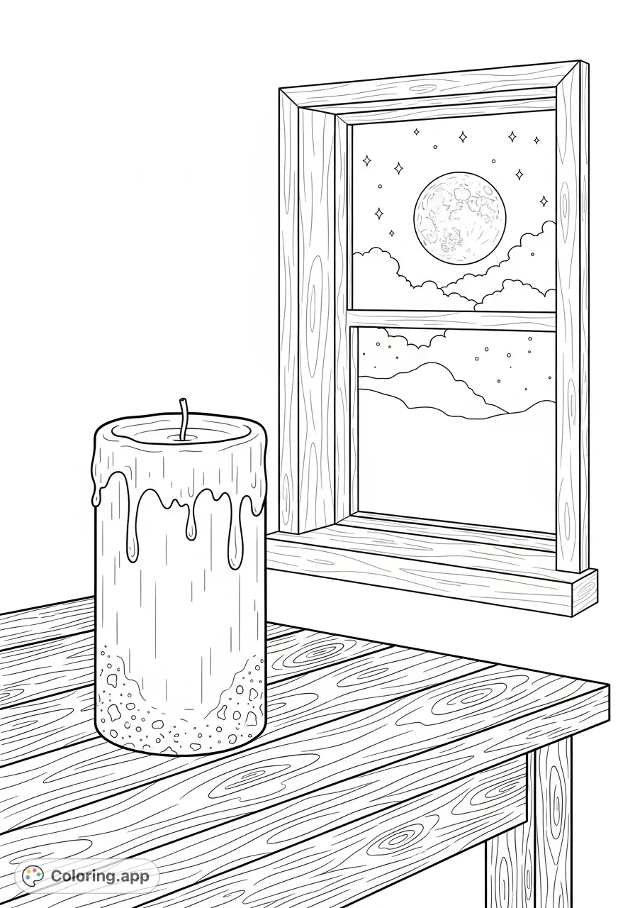 A serene night scene featuring a sturdy candle on a wooden table, illuminated by the gentle glow of a moon visible through an open window. Perfect for relaxation.