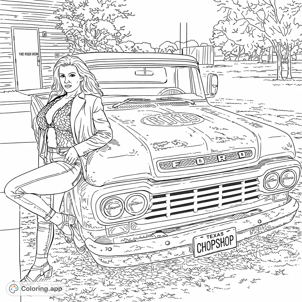 A captivating adult coloring page featuring a woman posing with a weathered vintage truck. Explore intricate details of lace, aged metal, and a rustic outdoor scene.