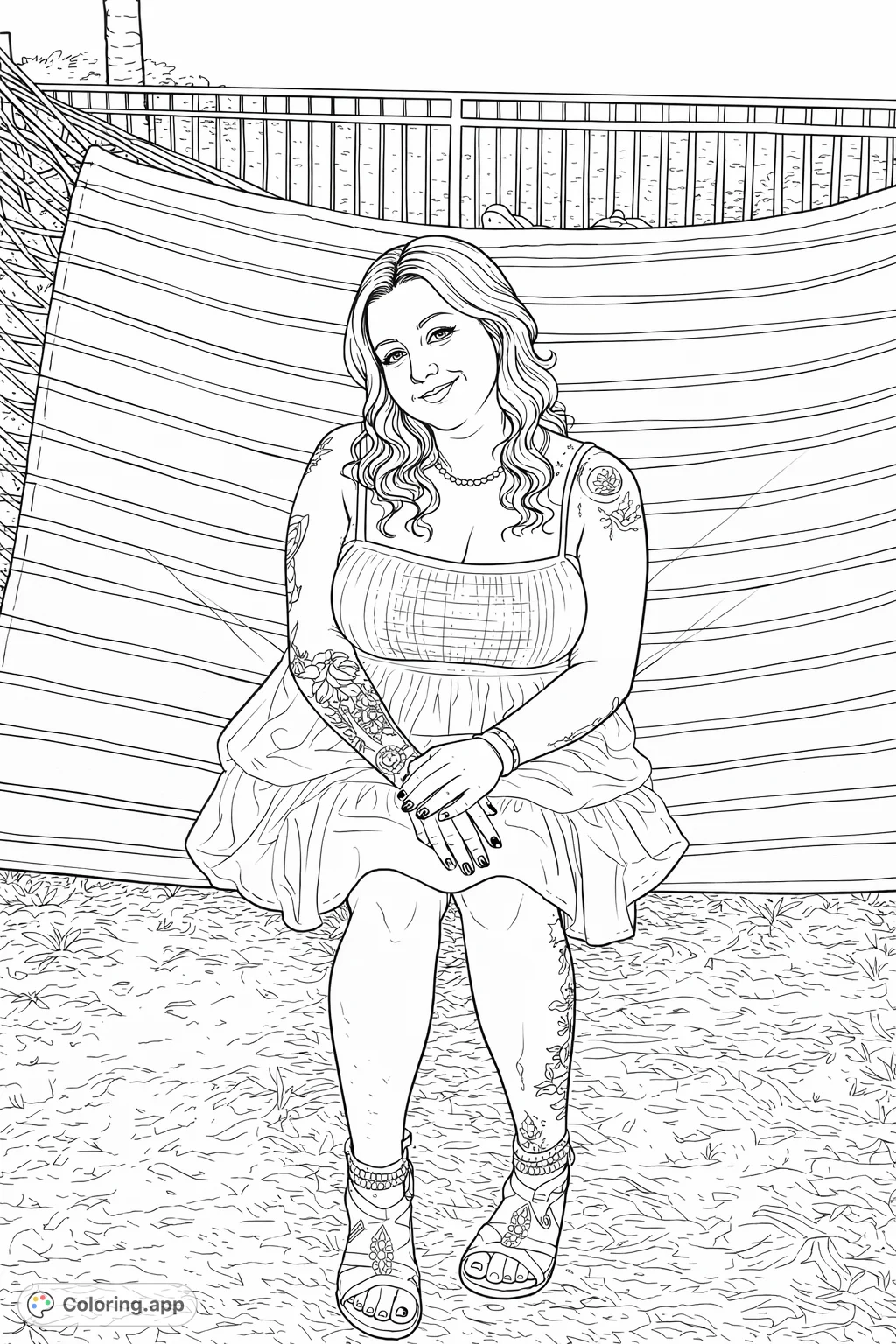 A serene person with unique wavy hair and intricate tattoos relaxes in a striped hammock. This detailed design offers a creative and engaging coloring experience.