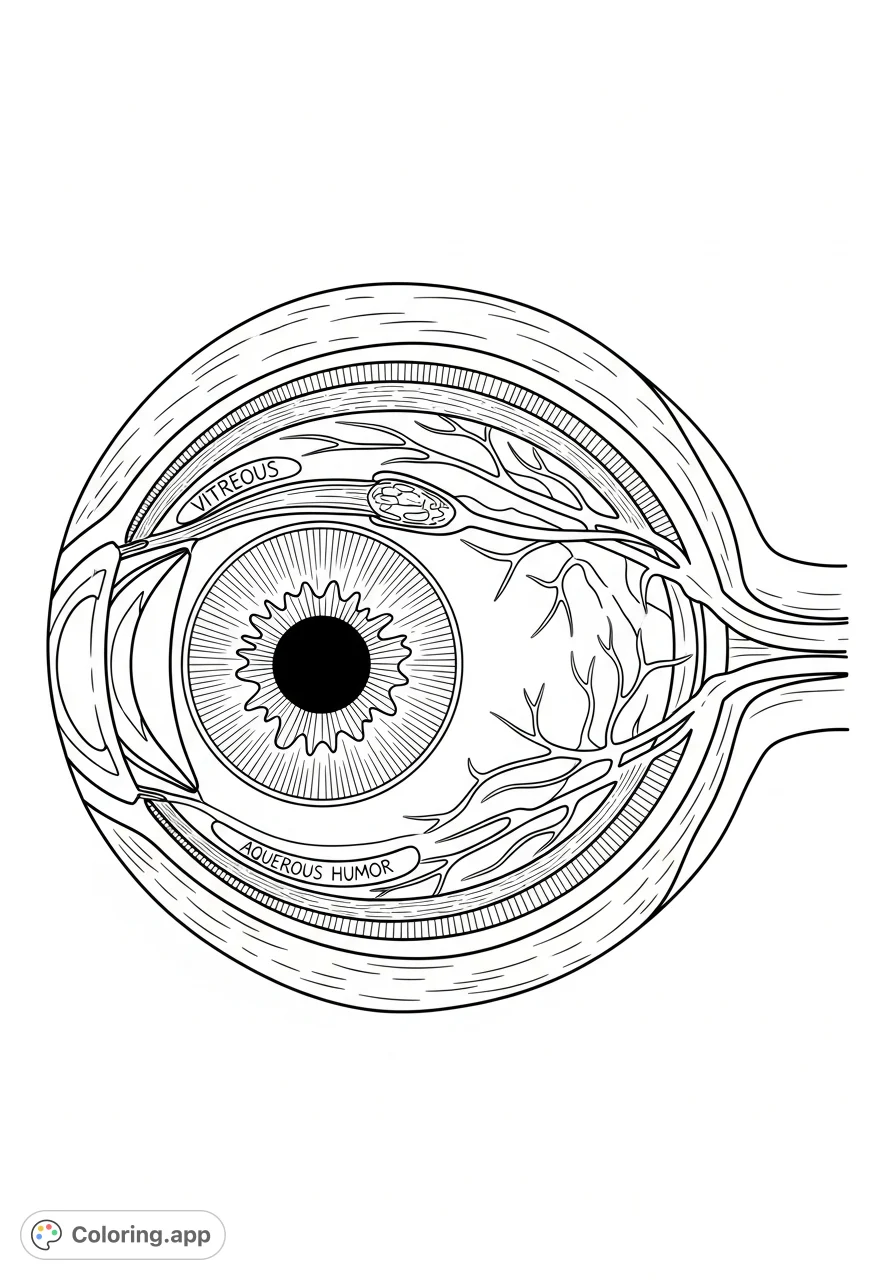 Explore the intricate human eye anatomy with this detailed cross-section coloring page, perfect for learning and artistic expression. Free printable!