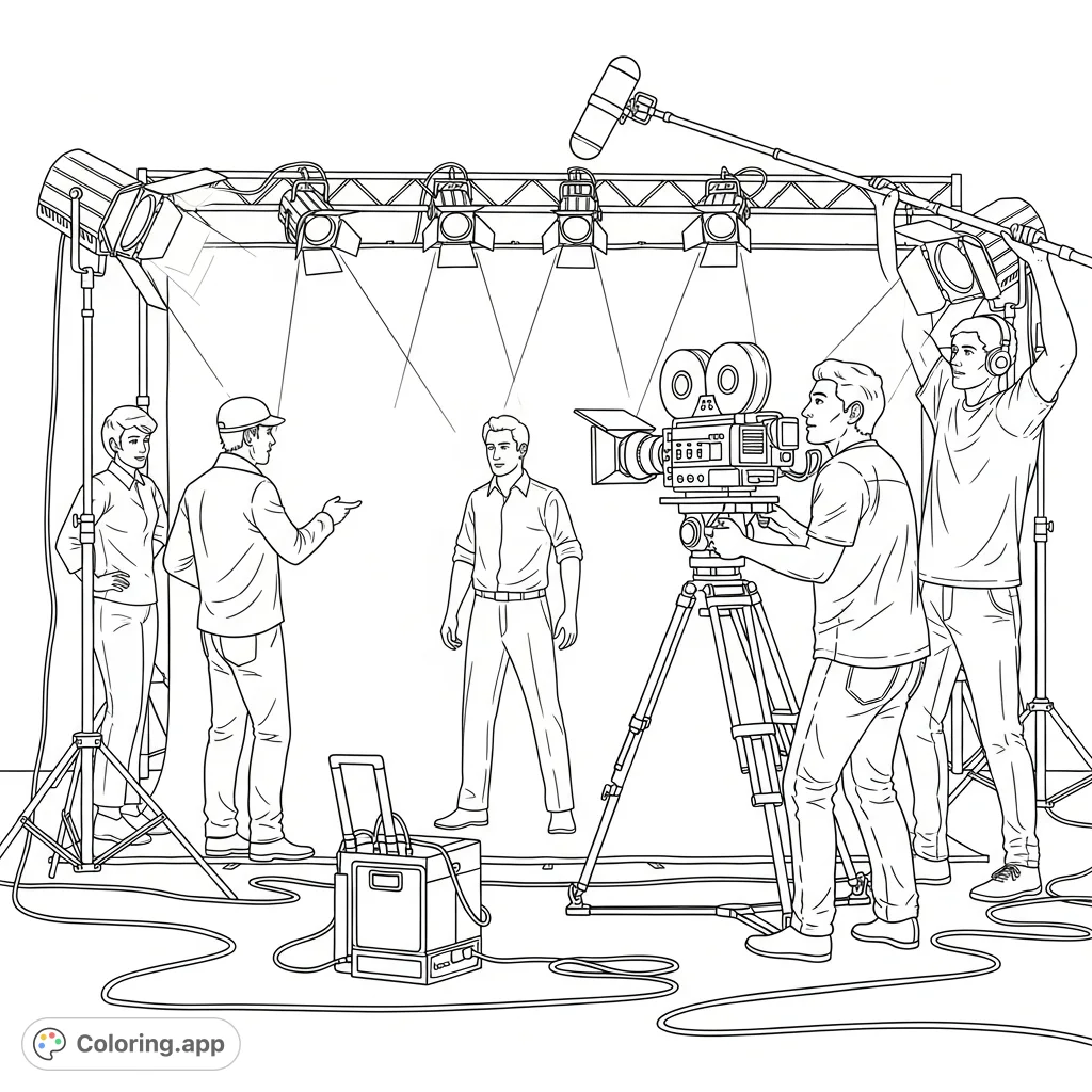 Step into the exciting world of a film production crew! Color a bustling studio set with a director, camera operator, sound engineer, and detailed equipment.