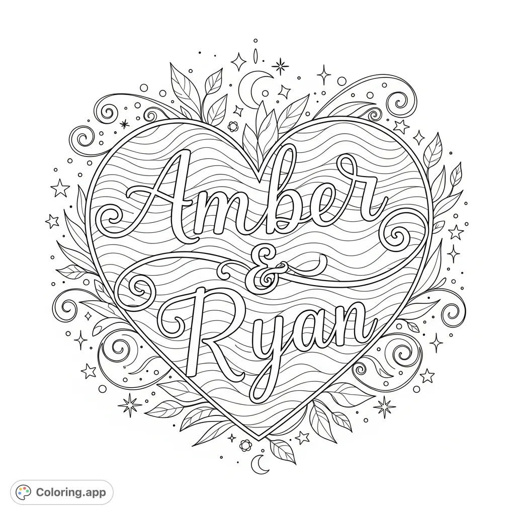 A beautiful heart, intricately designed with elegant script featuring the names Amber and Ryan. Perfect for personalizing or celebrating a special bond.