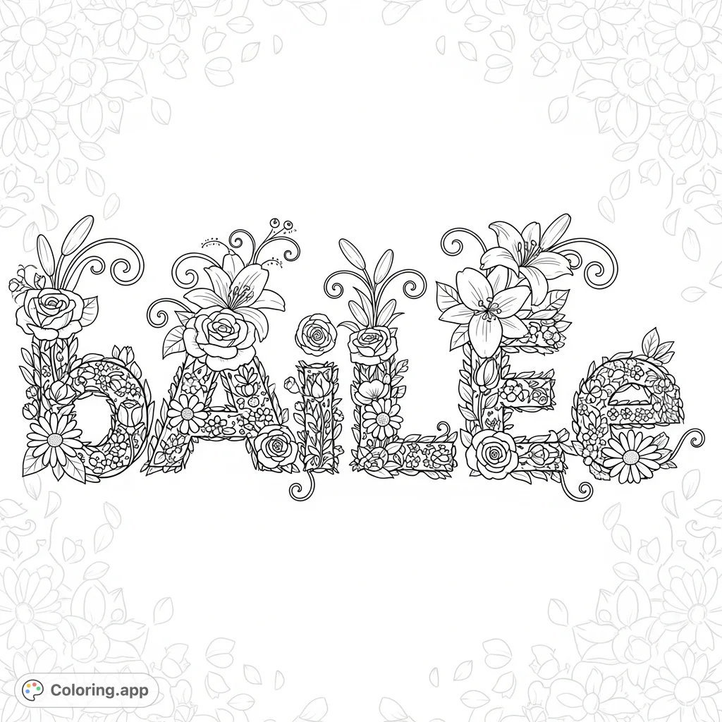 An exquisite botanical name coloring page, "bAiLEe," formed by winding stems, abundant roses, lilies, and daisies amidst delicate foliage.