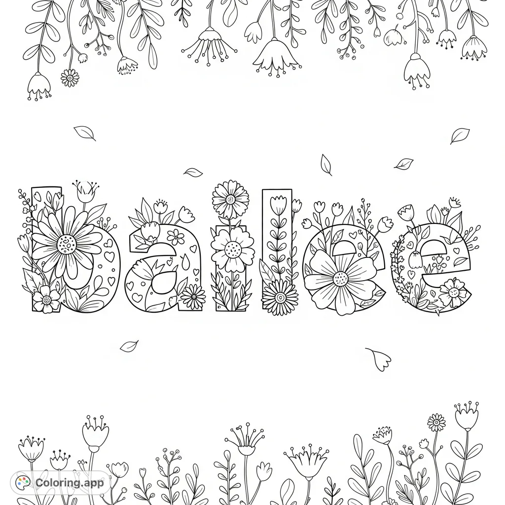 A charming "bailee" floral name art coloring page, featuring lowercase letters filled with diverse flowers, leaves, and petals. A beautiful free printable coloring page.