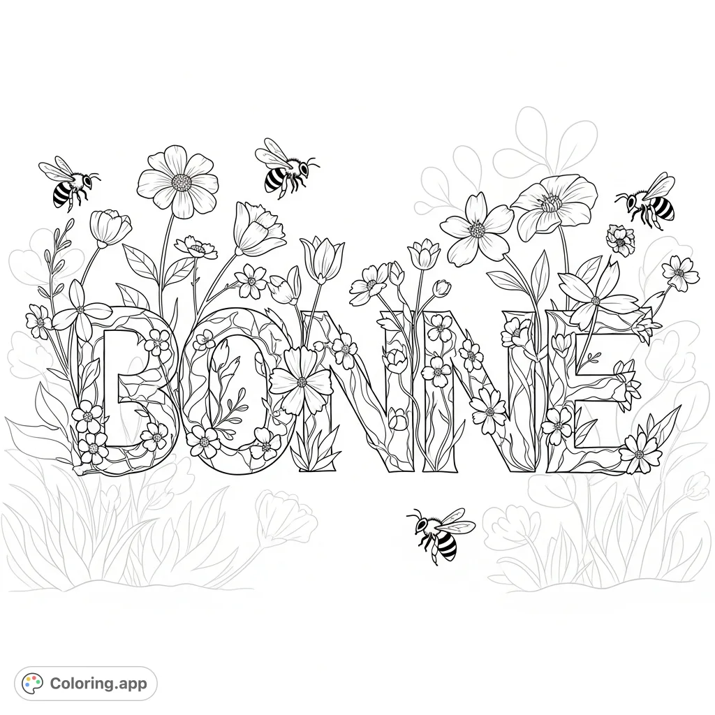 A personalized name art coloring page featuring intricate letters adorned with a bounty of wildflowers and buzzing bees. A charming garden scene perfect for creative expression.