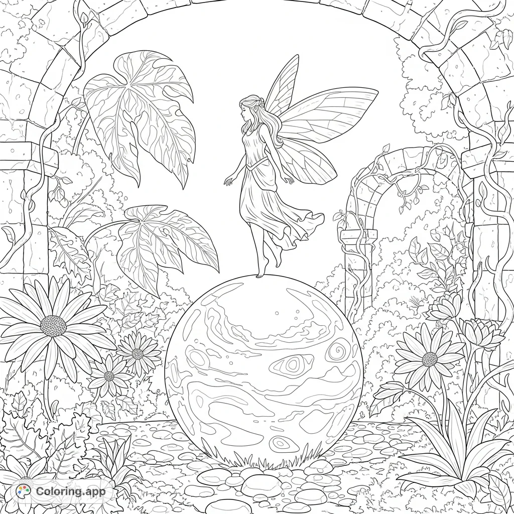 A magical fairy hovers over a shimmering orb in a hidden garden, peering into future visions. A delightful fantasy coloring page for all ages.
