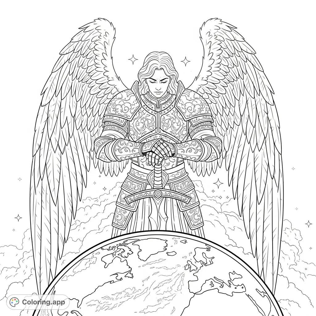 A powerful warrior angel with vast, detailed wings and ornate armor gazes upon a cosmic Earth below. A majestic and intricate fantasy scene.
