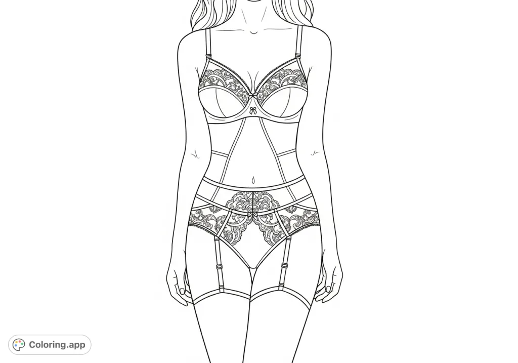A captivating full-body woman in elegant lingerie, showcasing intricate lace details and graceful lines. Perfect for adult colorists seeking a sophisticated challenge.