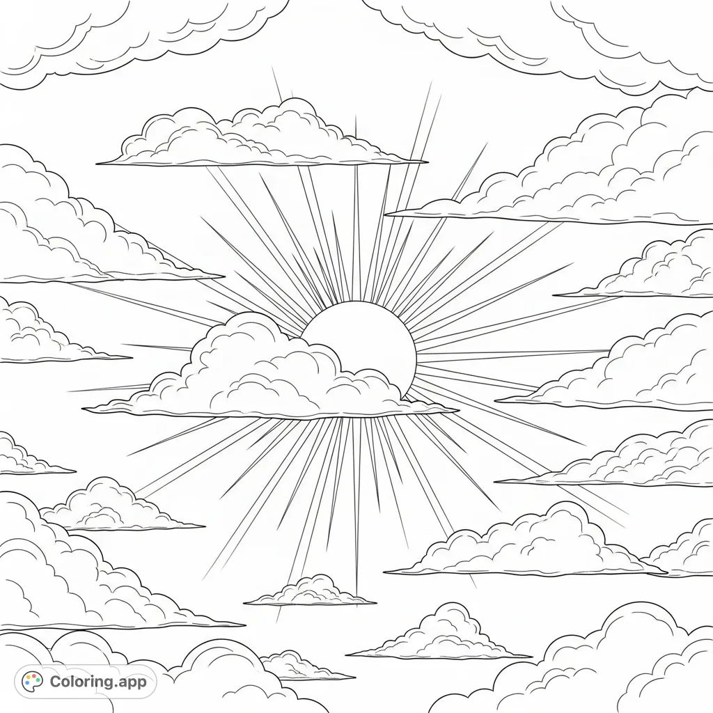 A bright sky scene featuring a radiant sun, soft clouds, and warm sun rays. Perfect for nature lovers, this free printable coloring page offers a serene escape for all ages.