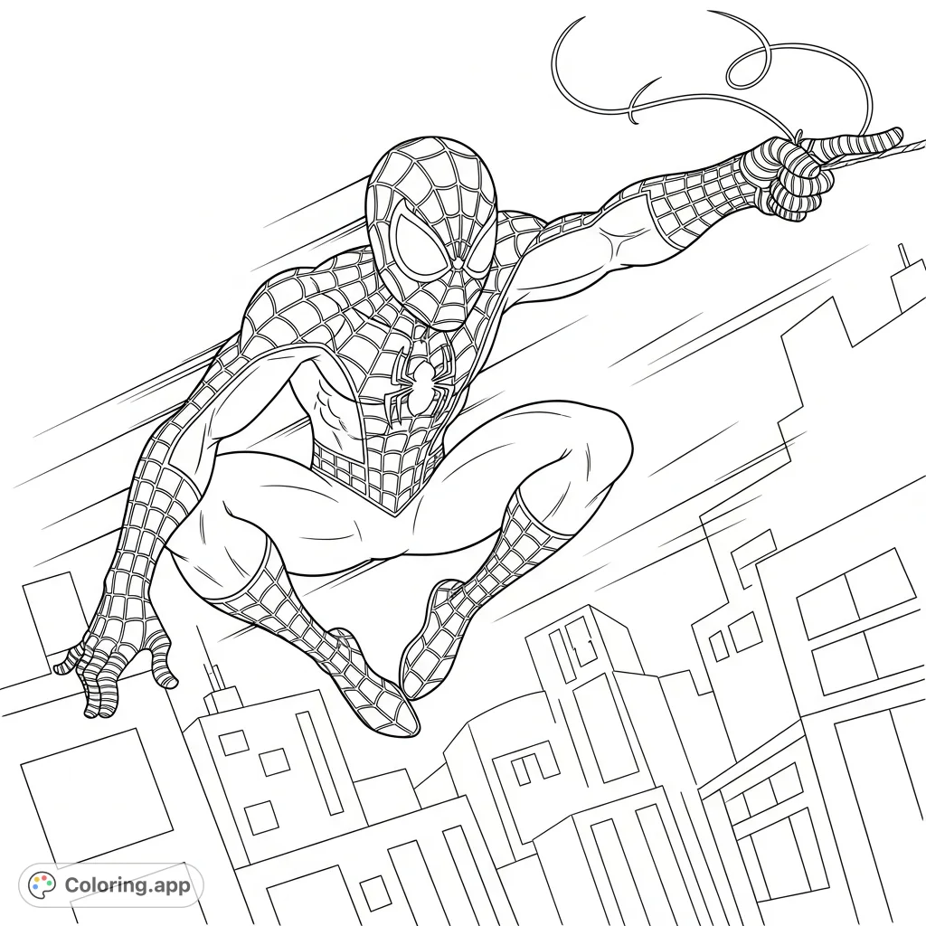 A thrilling spider-themed superhero swings through a city landscape in an action-packed pose. Perfect free printable coloring page for kids and superhero fans!