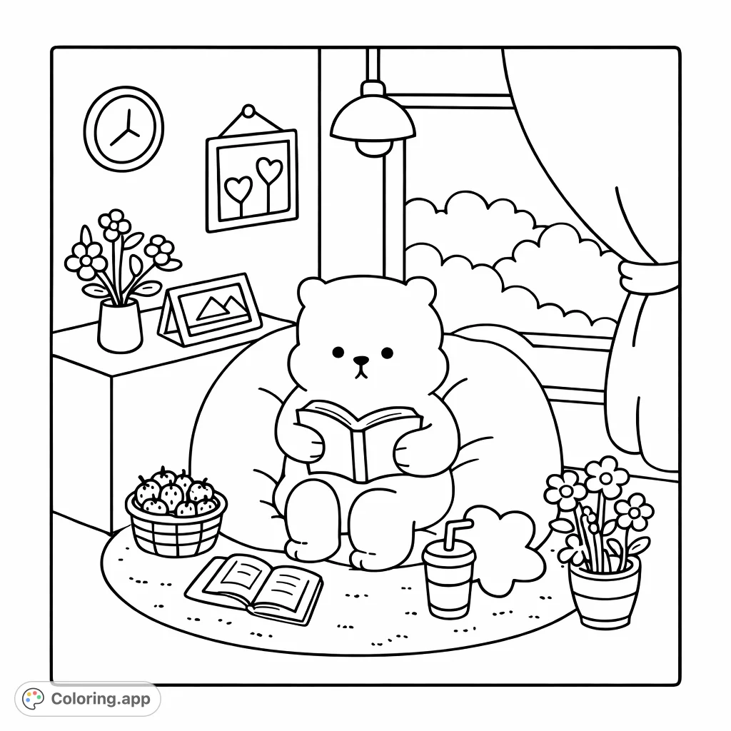 A delightful bear enjoys reading in a comfy bean bag chair by a window, surrounded by cozy home decor elements. Perfect for a relaxing coloring experience.