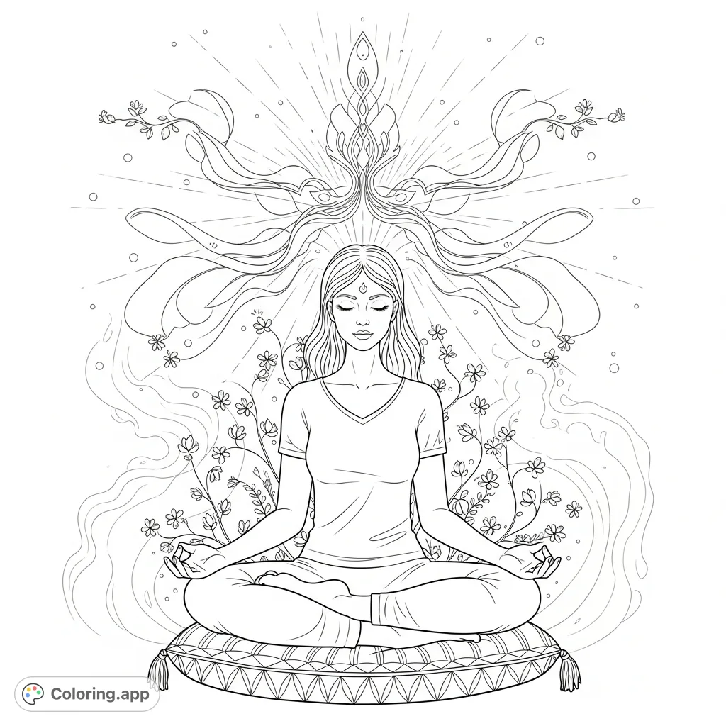 Discover tranquility with this spiritual awareness coloring page. A girl meditates, surrounded by radiant energy and delicate patterns.